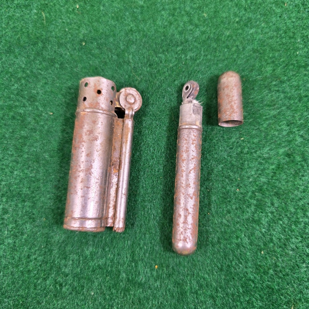 Vintage Lift Arm Lighter and Bullet Trench Lighter Set Rustic Antique Metal